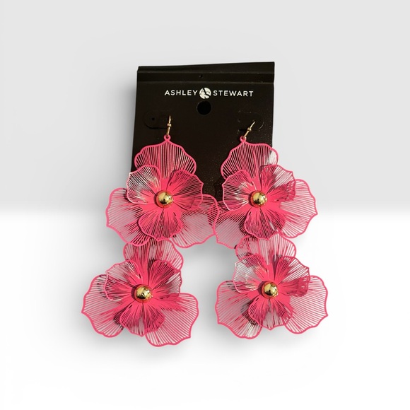 Ashley Stewart Jewelry - ❤️ Ashley Stewart NWT Large Pink Open-work Floral Dangle Earrings gold tone